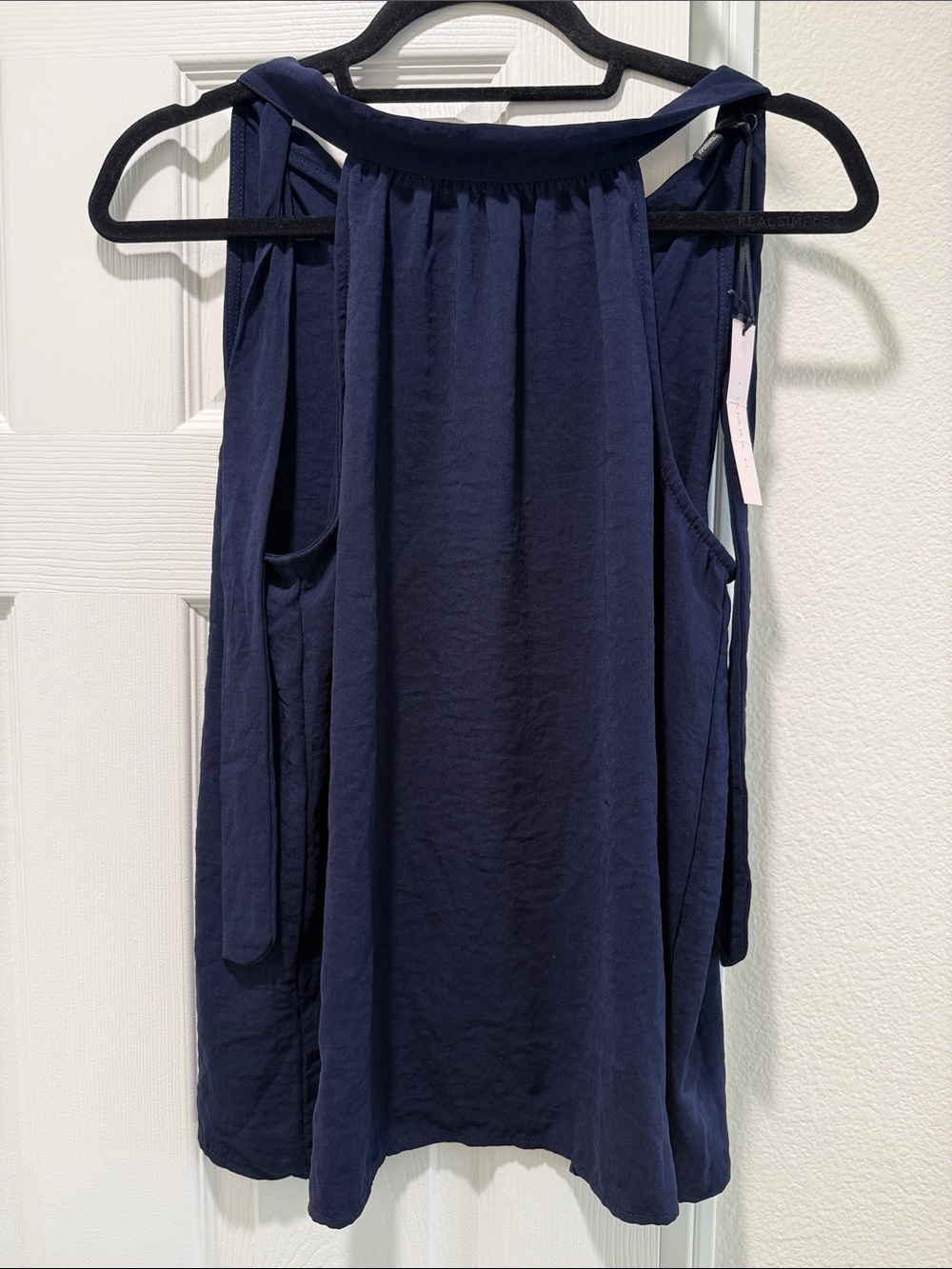 Sleeveless Navy Halter Top with Gathered Neckline